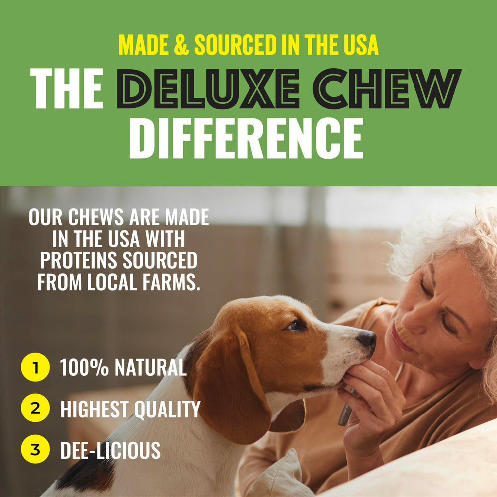 etta says! deluxe crunch dog chews 7inch dog chewing action demonstrates engagement.