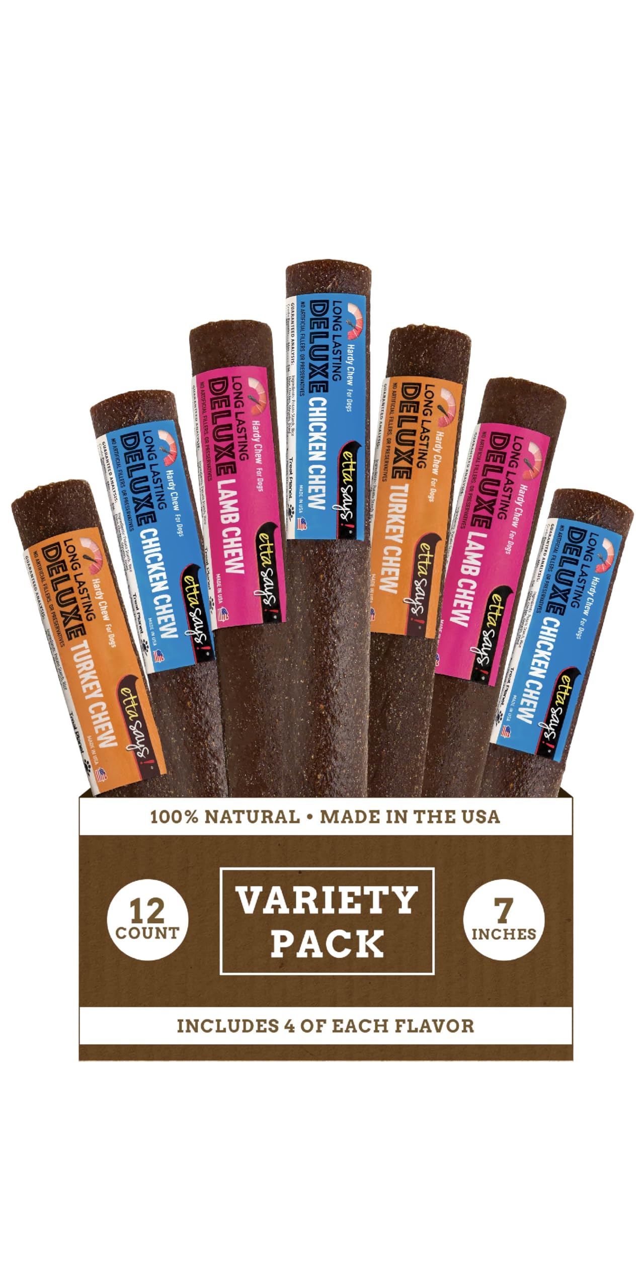 etta says! deluxe crunchy dog chews 7inch pack shot highlights variety and USA-made quality.