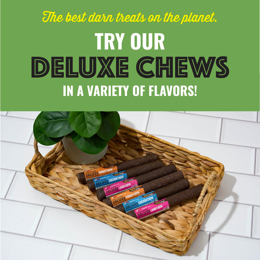 etta says! deluxe crunchy dog chews 7inch resealable bag promotes easy freshness.
