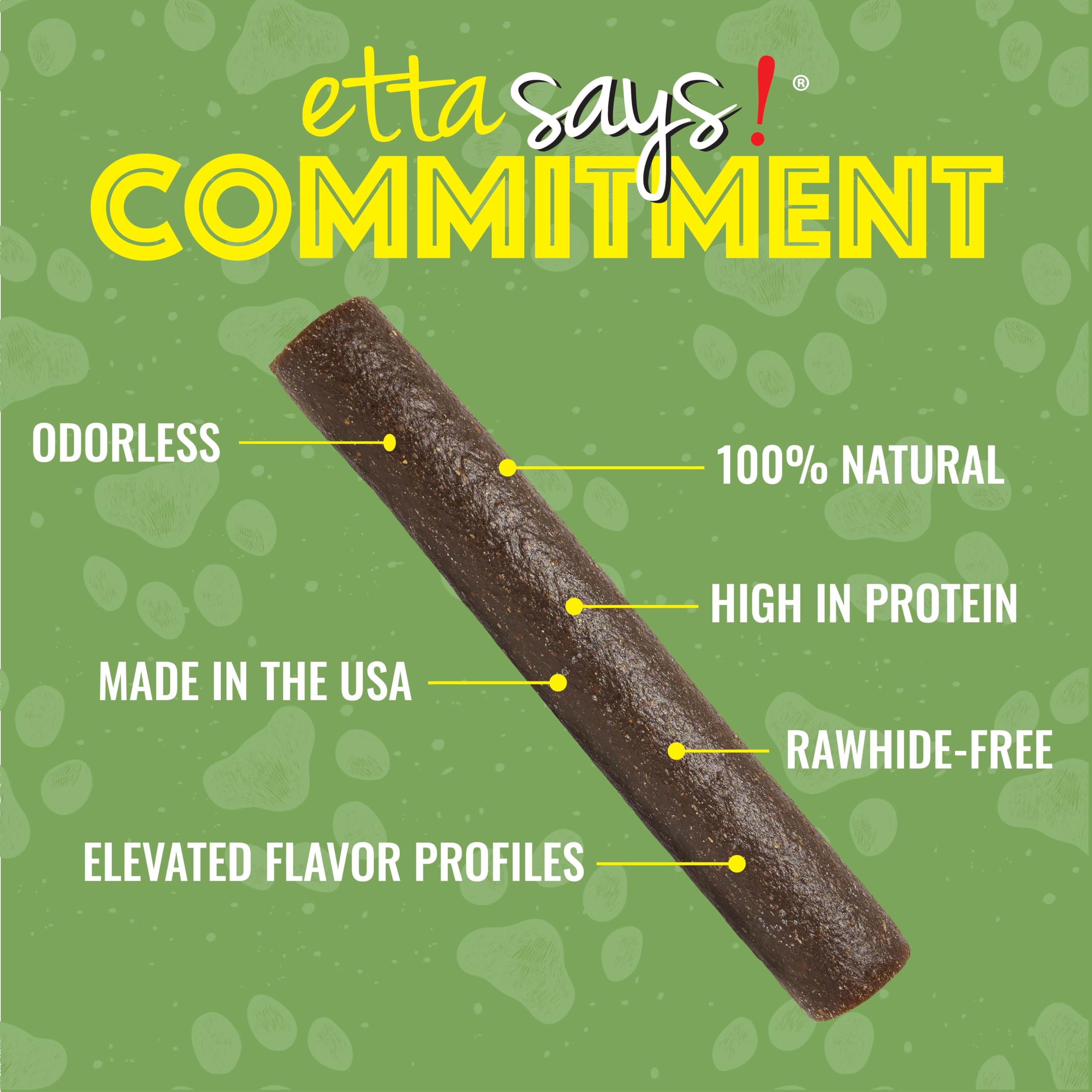 etta says! deluxe crunch dog chews 7inch USA-made label emphasizes safety and origin.