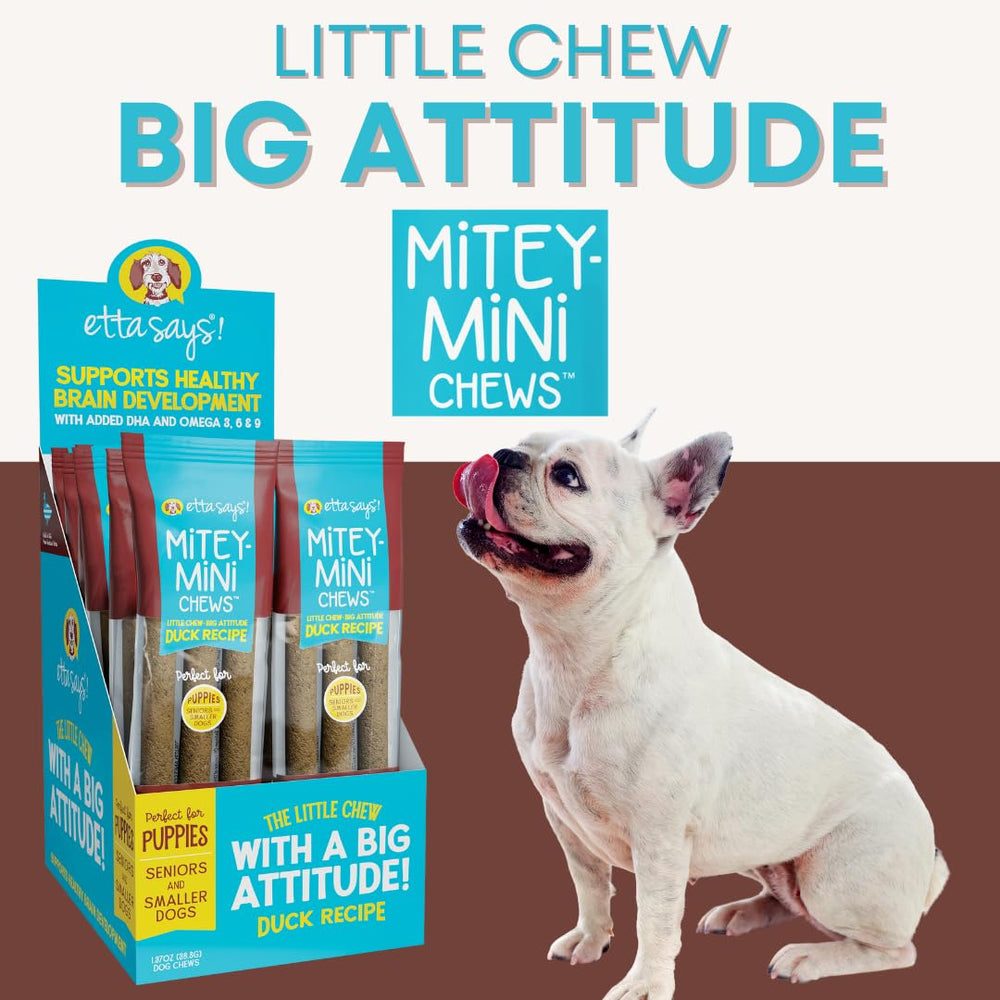 éta says! Mitey Mini Chews USA-made packaging, trusted dog treat.