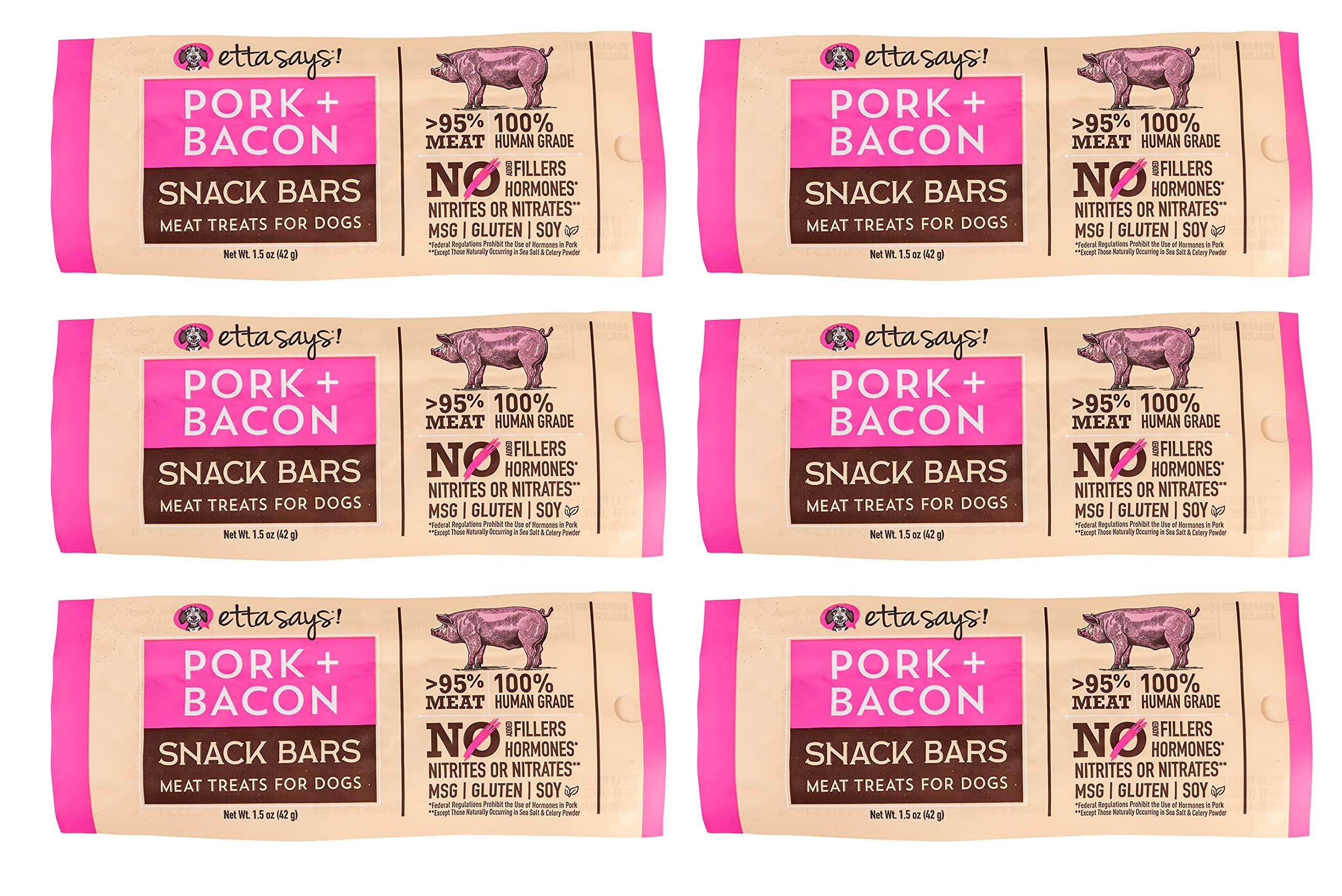 etta says! packaging for pork-bacon snack bars shows premium dog treats