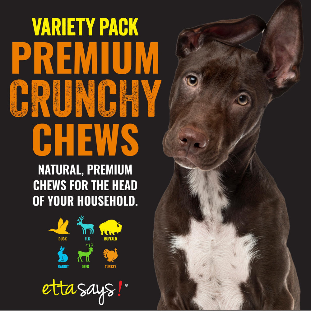 Etta Says Premium Crunchy Dog Chews 7-inch Rabbit pack supports digestion and savory flavor.