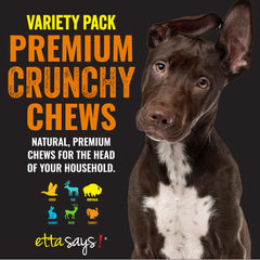 Etta Says Premium Crunchy Dog Chews 7-inch Rabbit pack supports digestion and savory flavor.