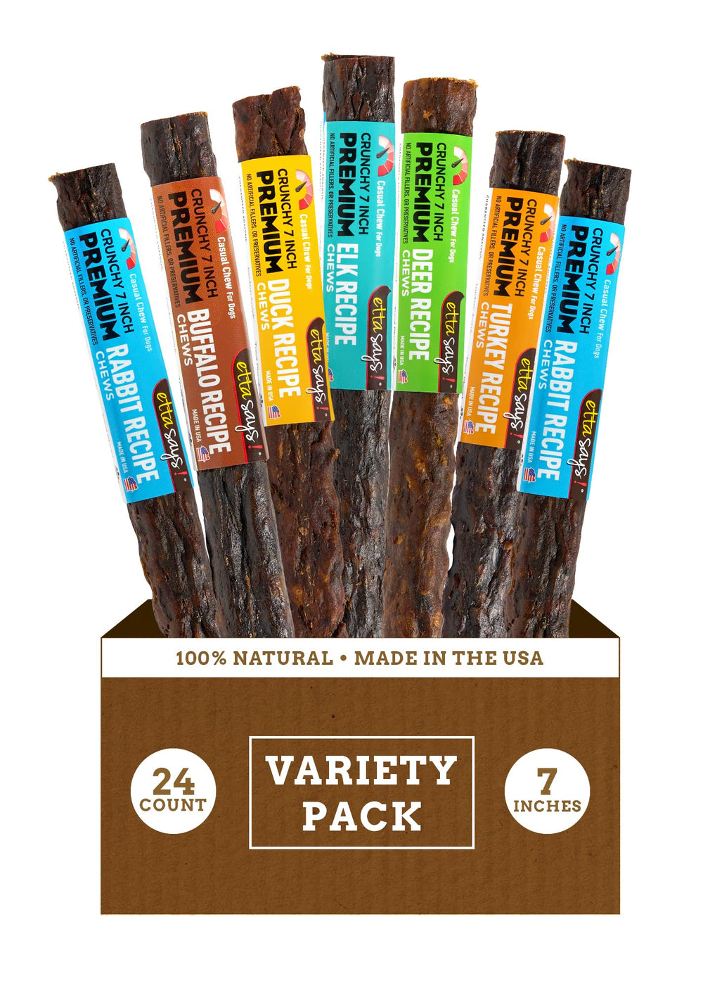 etta says premium crunchy dog chews 7inch variety pack packaging showcasing grain-free option