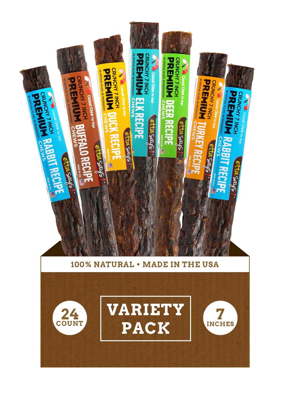 etta says premium crunchy dog chews 7inch variety pack packaging showcasing grain-free option