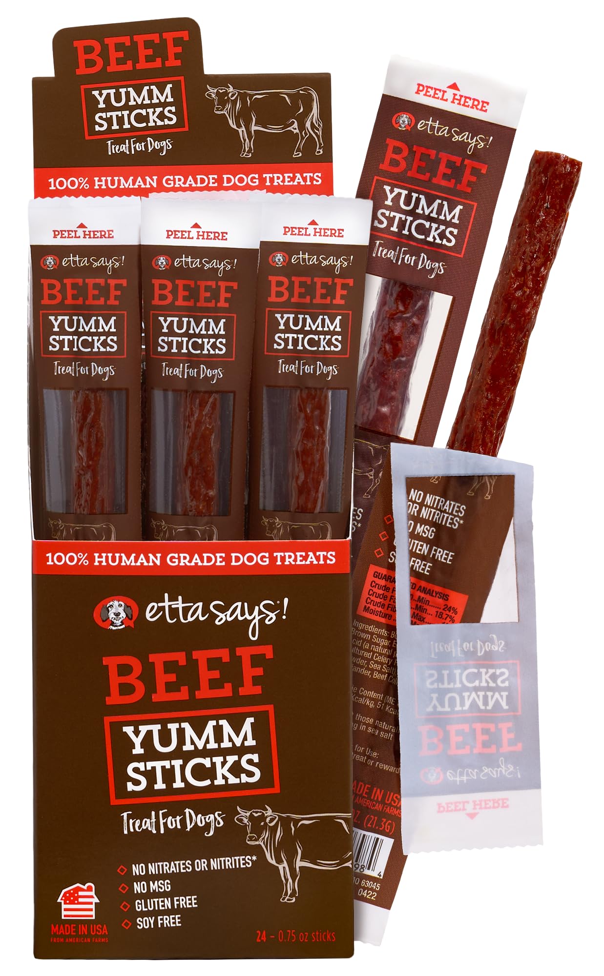 Etta Says Yumm Sticks beef dog treats pack shot emphasizes freshness.