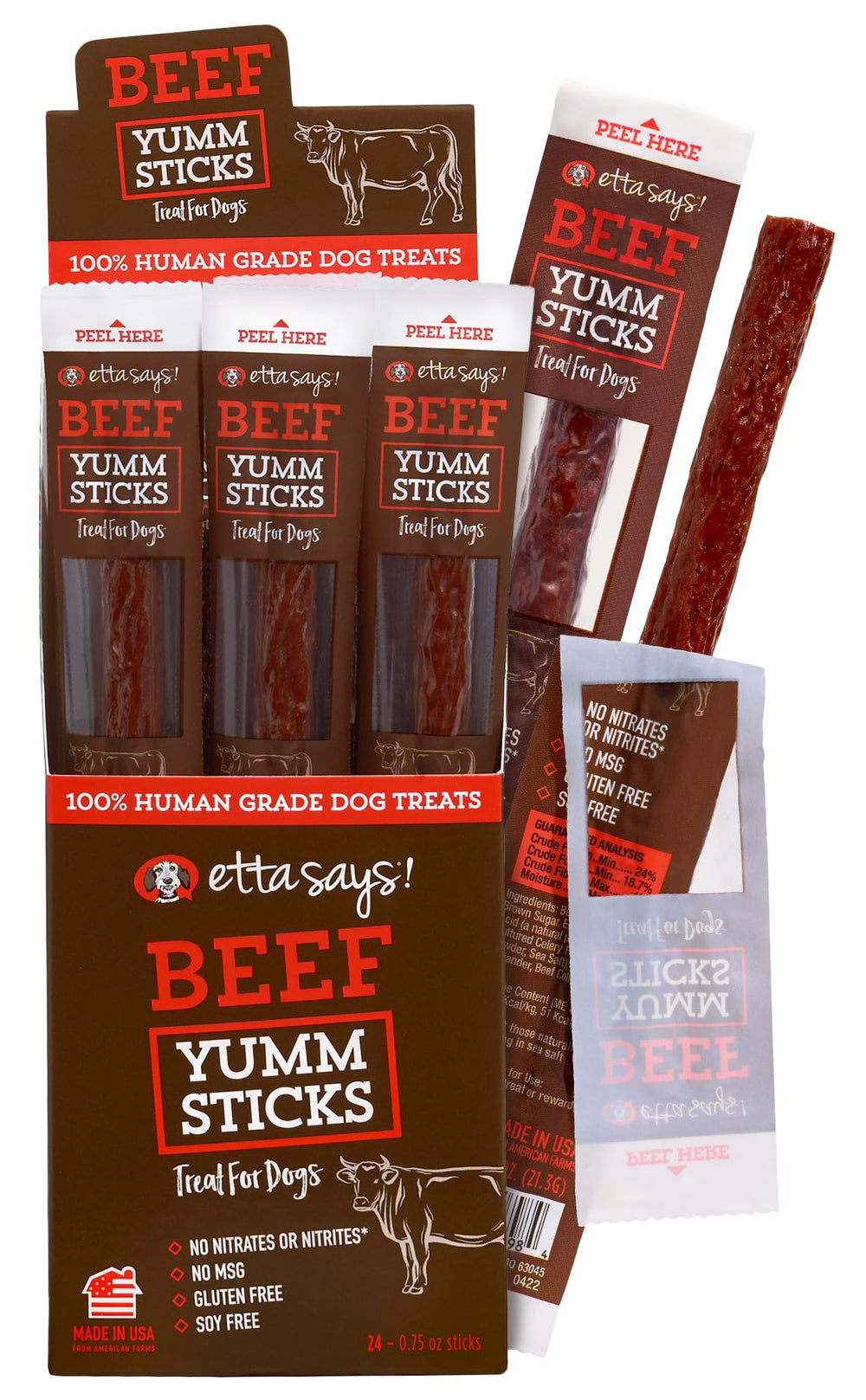 Etta Says Yumm Sticks beef dog treats pack shot emphasizes freshness.