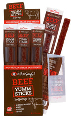 Etta Says Yumm Sticks beef dog treats pack shot emphasizes freshness.