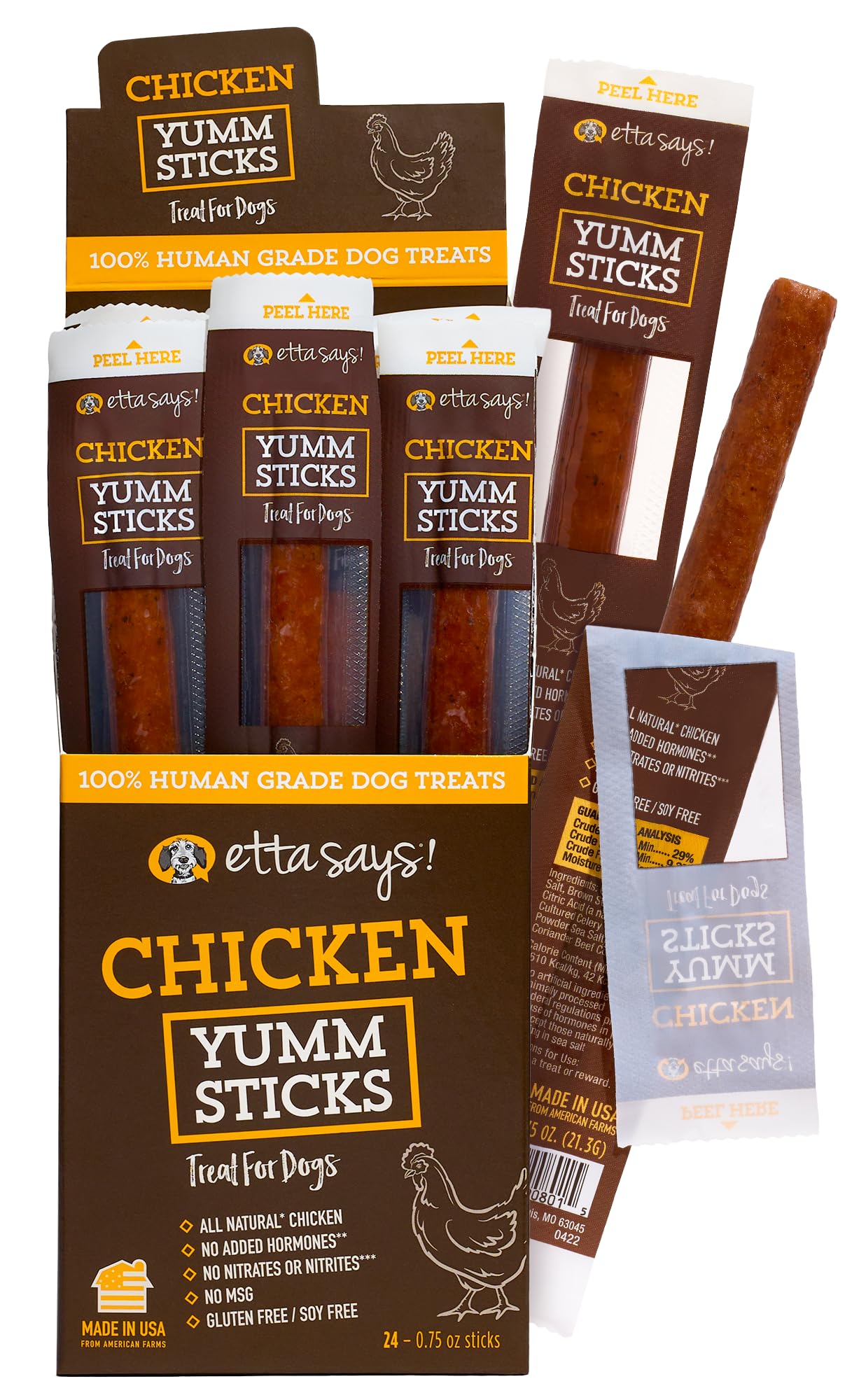 etta says! Yumm Sticks chicken treat pack front; ideal daily rewards for dogs.
