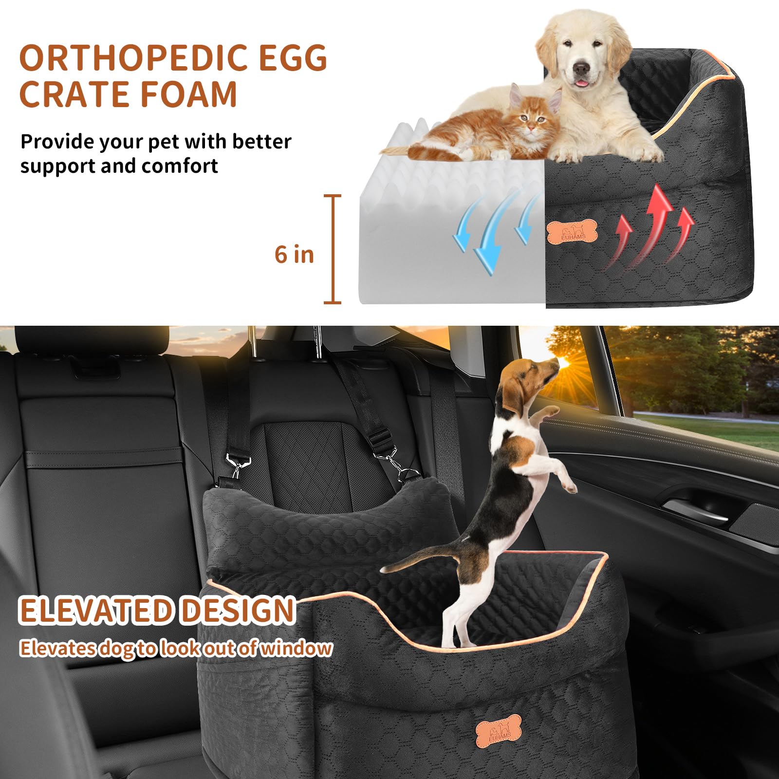 EUHAMS dog booster seat side view highlights elevated comfort during travel.