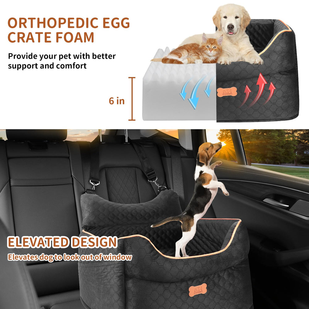 EUHAMS dog booster seat side view highlights elevated comfort during travel.
