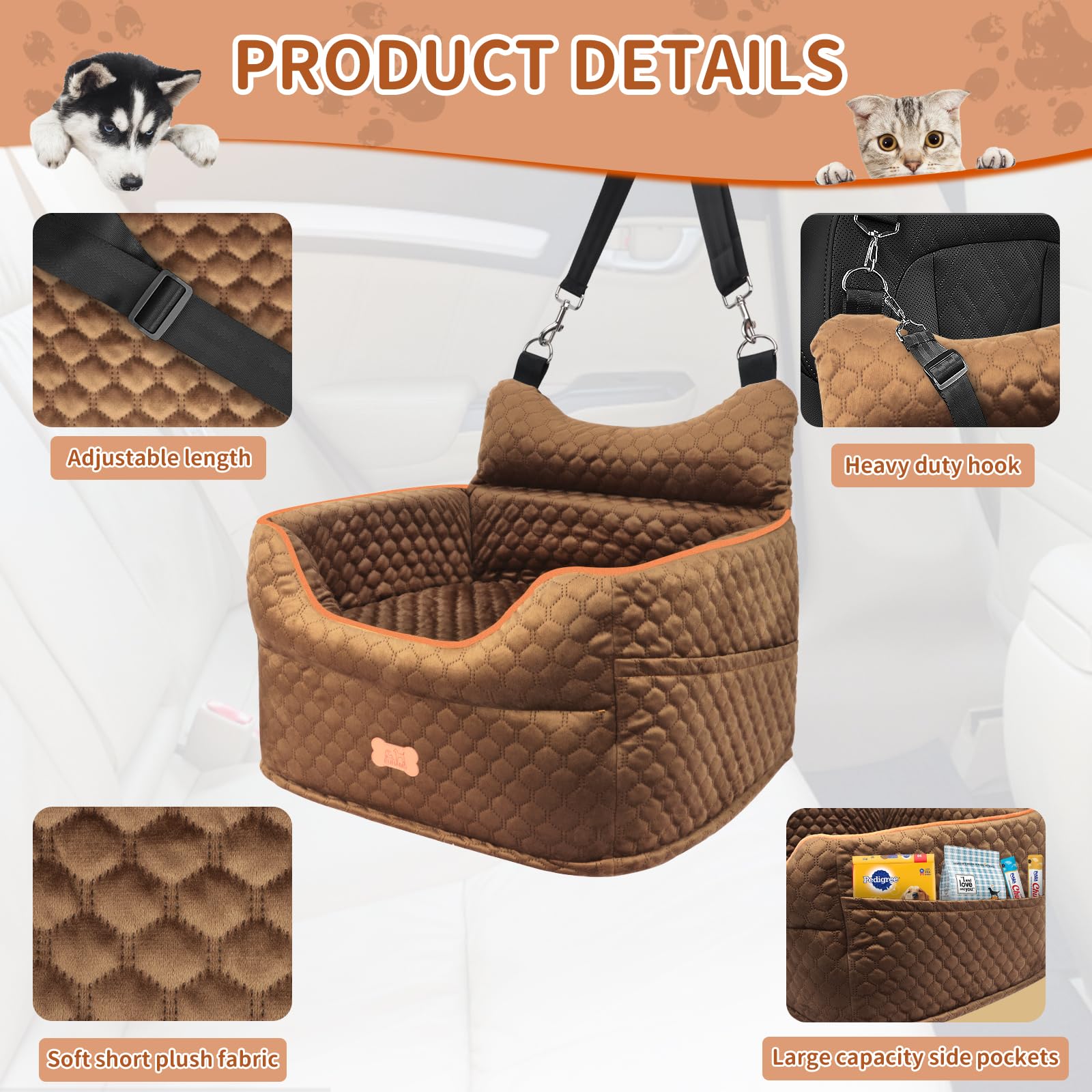 EUHAMS dog car seat adjustable leash snap hook keeps pets safely in place.