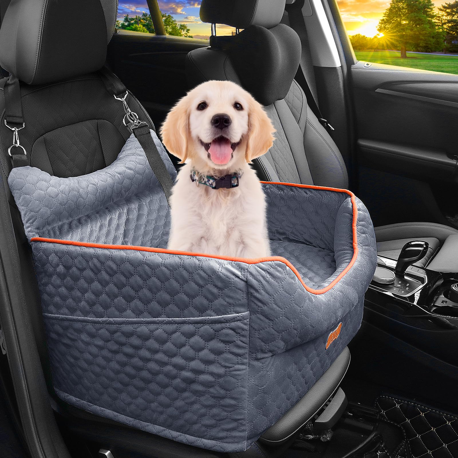 EUHAMS dog car seat memory foam booster provides elevated viewing and comfort.