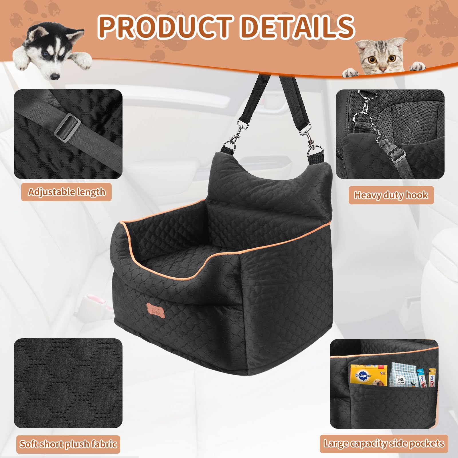 EUHAMS dog seat belt attachment demonstrates secure restraint during rides.