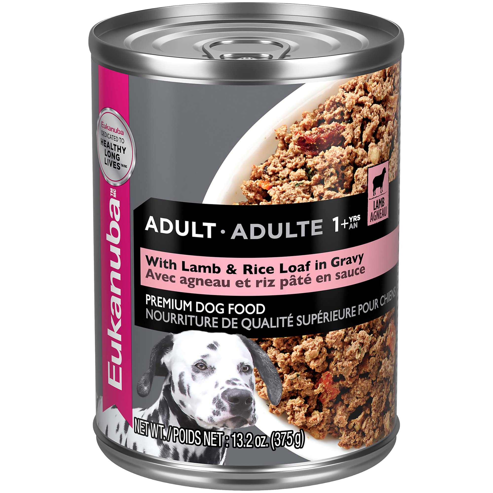 Eukanuba Adult Lamb and Rice wet dog food can, protein-rich meal for active dogs.