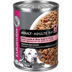 Eukanuba Adult Lamb and Rice wet dog food can, protein-rich meal for active dogs.
