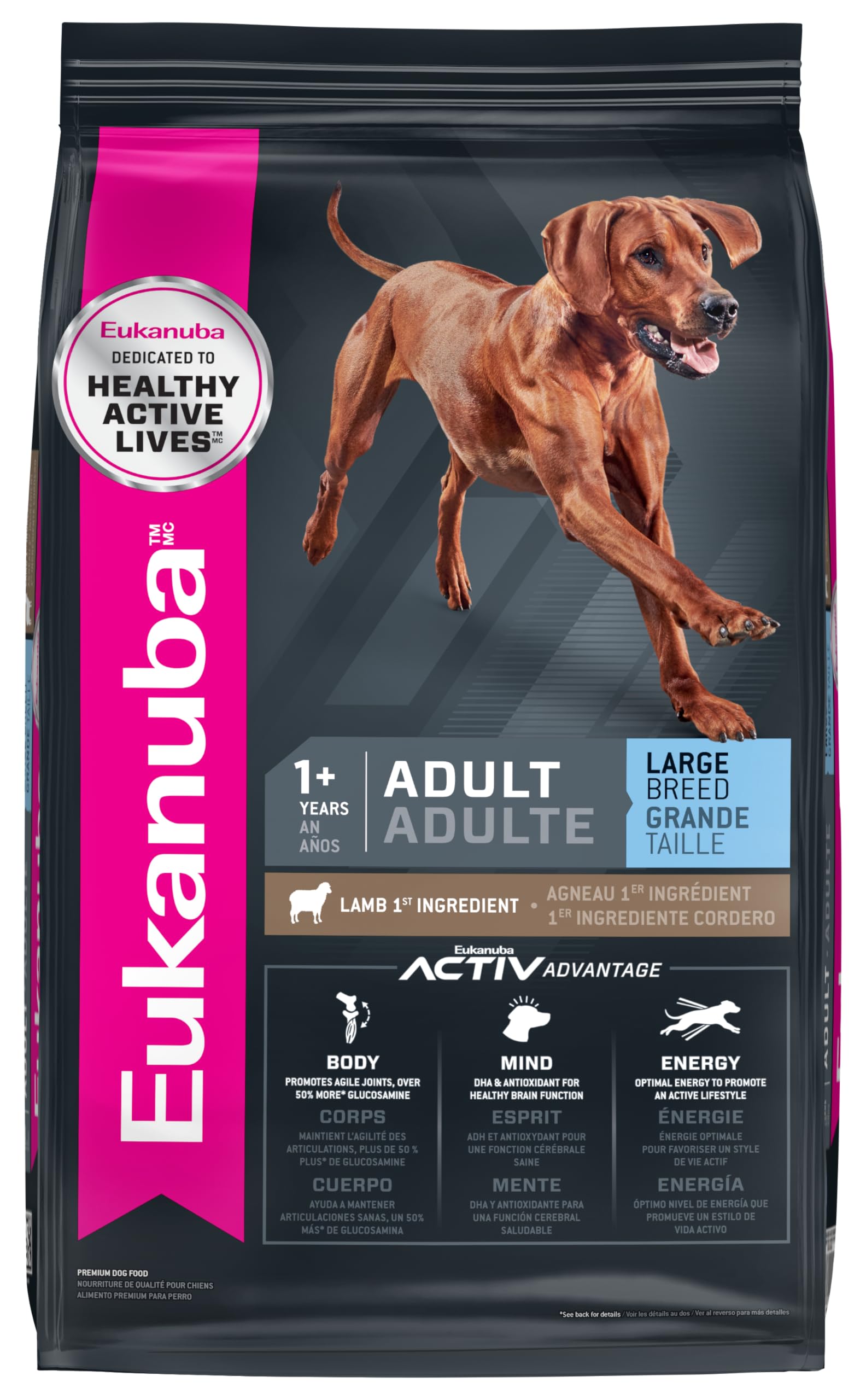 Eukanuba Adult Large Breed Lamb first-ingredient dry dog food supports lean muscles for active dogs.