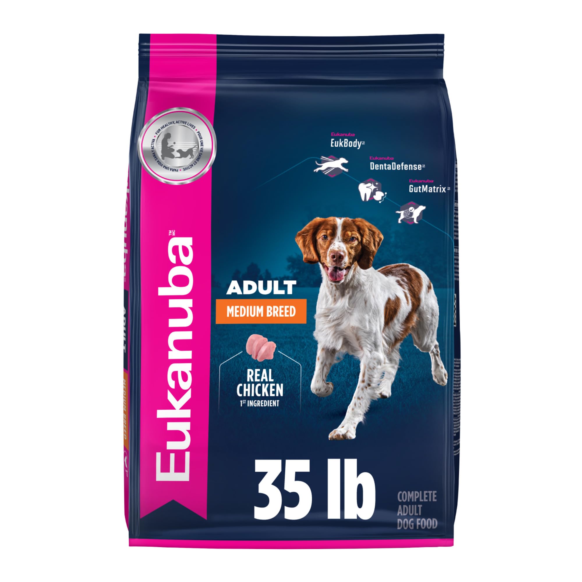 Eukanuba Adult Medium Breed Dry Dog Food bag showing complete nutrition for medium dogs