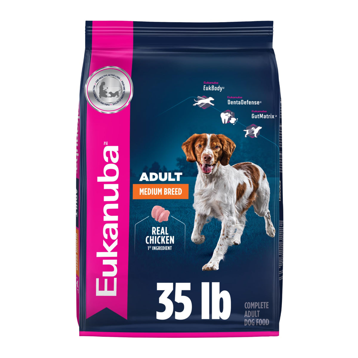 Eukanuba Adult Medium Breed Dry Dog Food bag showing complete nutrition for medium dogs