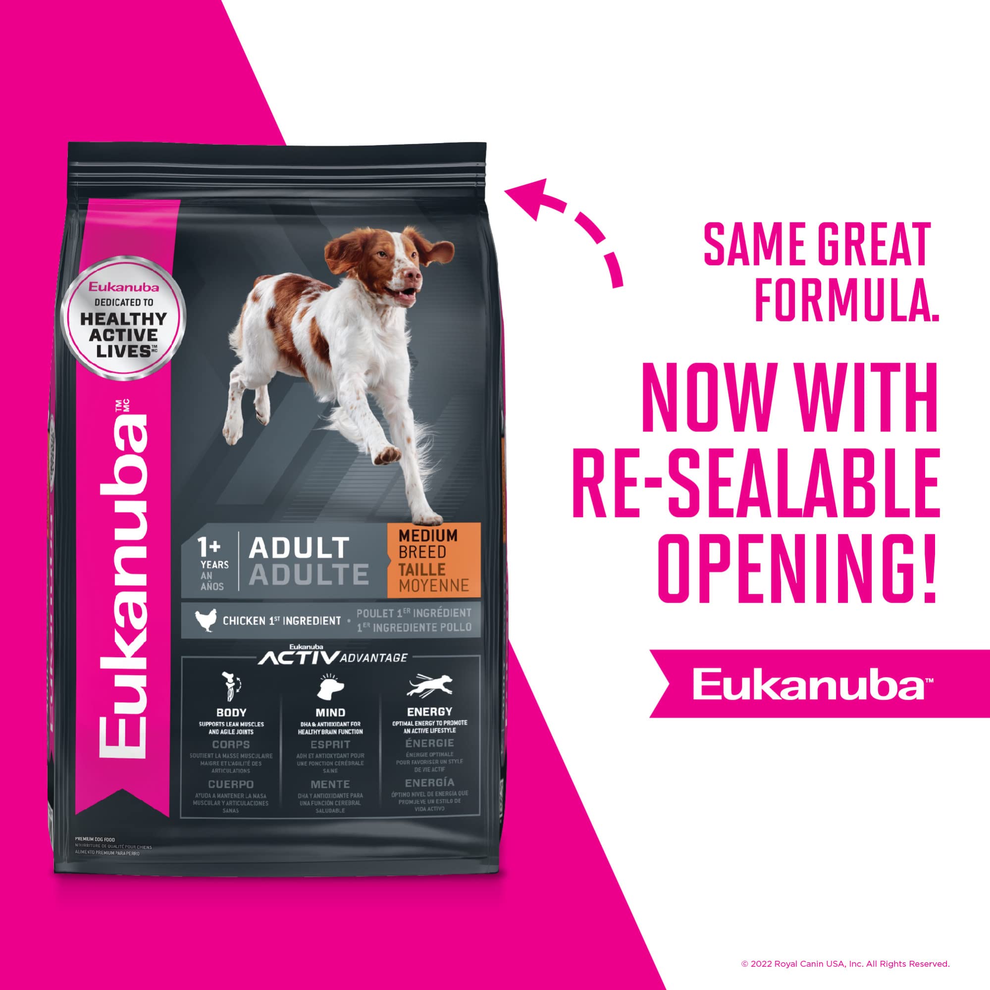 Eukanuba dog food bag featuring premium chicken as first ingredient to power daily activity