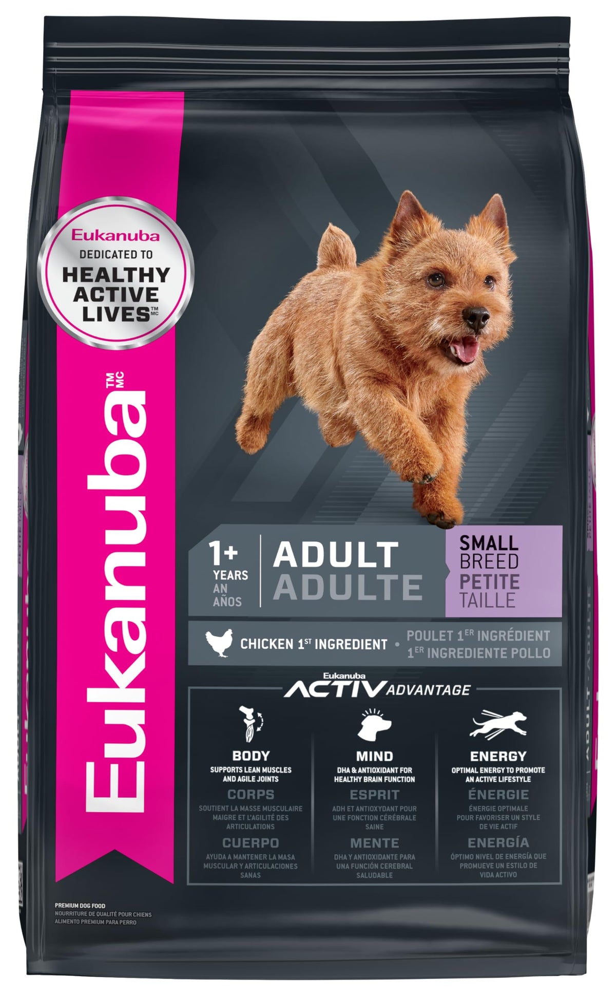 Eukanuba Adult Small Breed dry dog food bag showing complete nutrition for small dogs.
