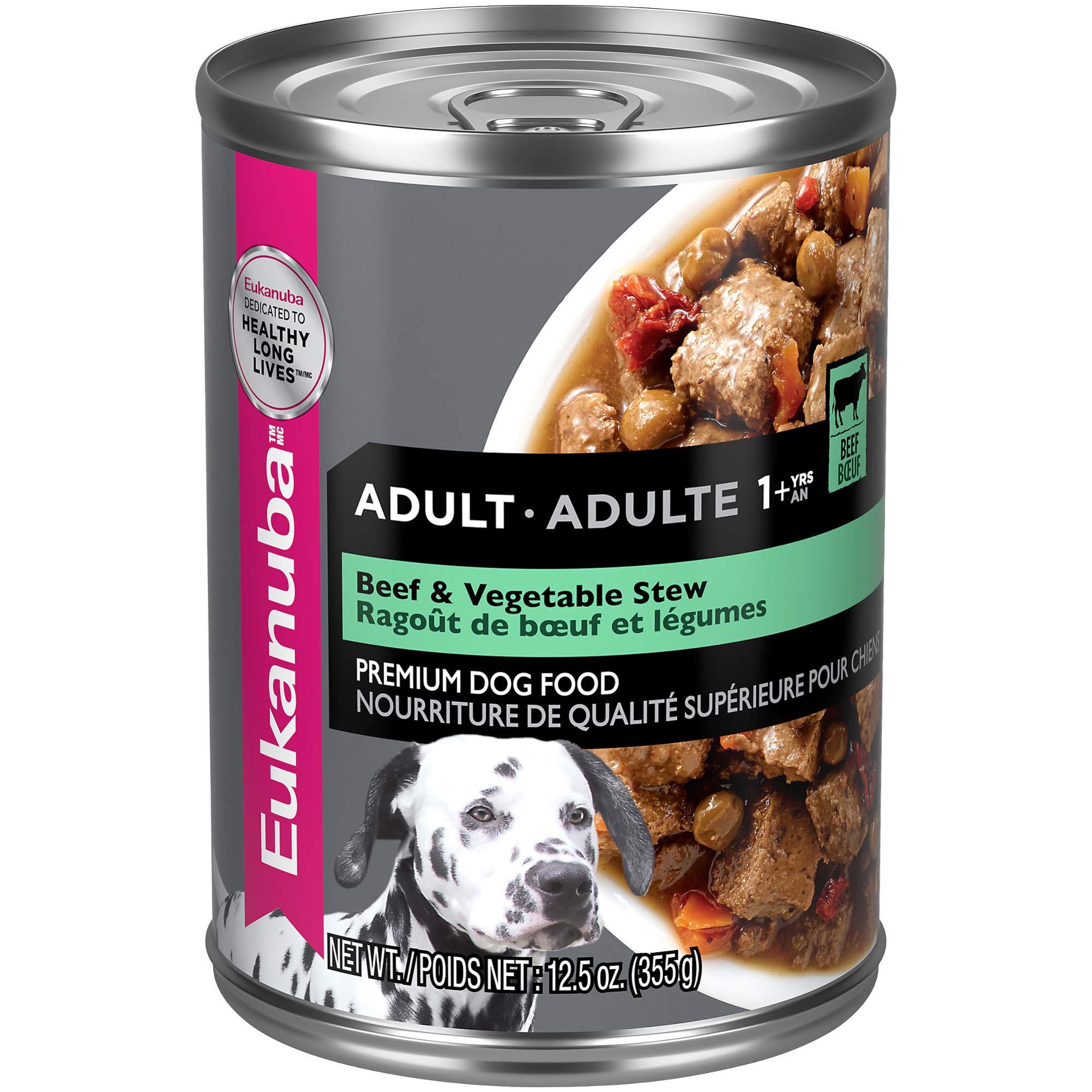 Eukanuba Beef & Vegetable Stew wet dog food can, protein-rich meal for active dogs.