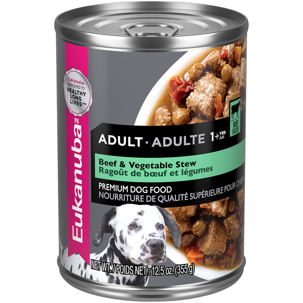 Eukanuba Beef & Vegetable Stew wet dog food can, protein-rich meal for active dogs.