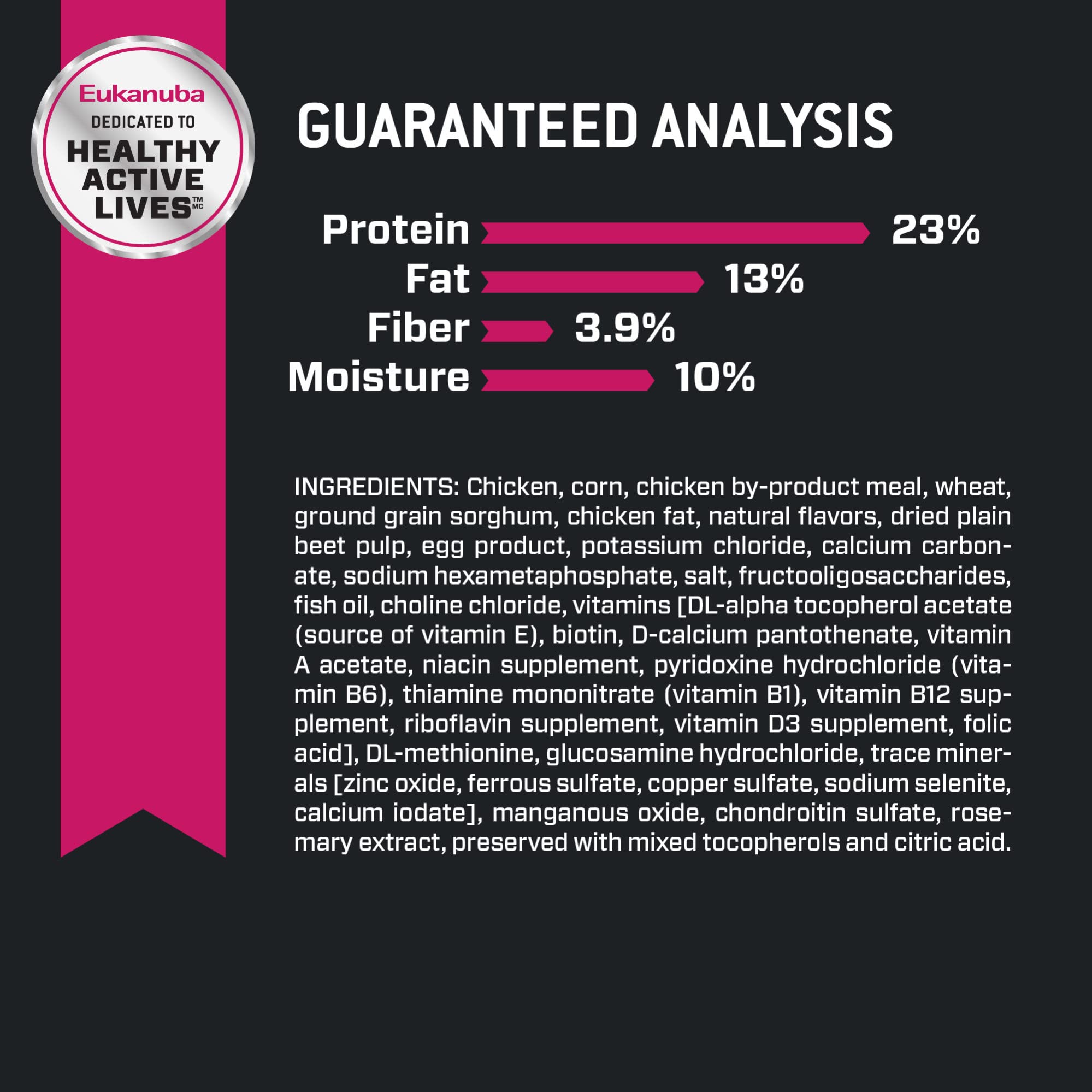 Eukanuba DHA and vitamin E highlight brain function and immune support.