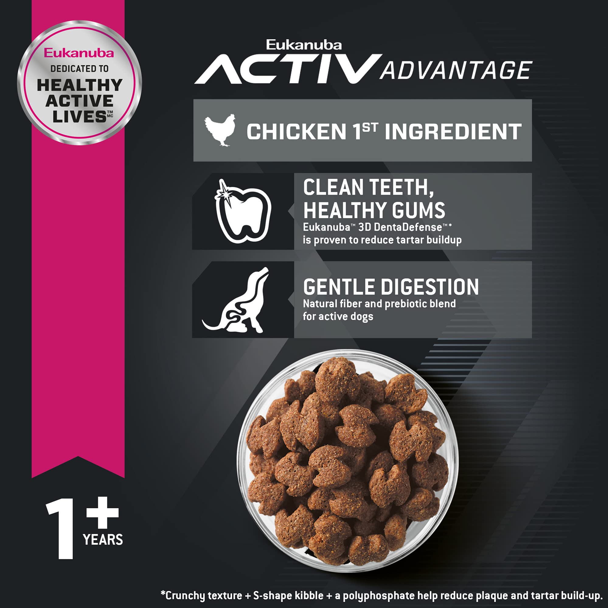 Dog eating Eukanuba dry food from a bowl with brand visible