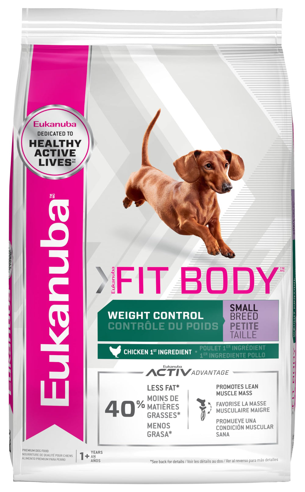 Eukanuba Fit Body Small Breed bag shows 15 lb packaging for weight control.