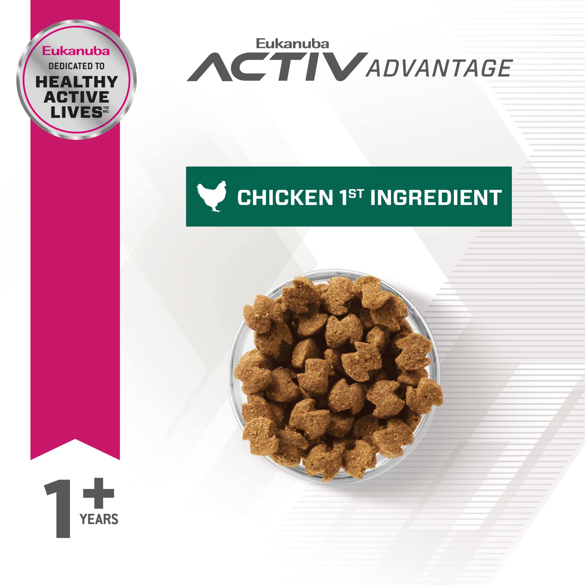 Eukanuba Fit Body Weight Control kibble closeup highlights chicken-first ingredient and quality nutrition.