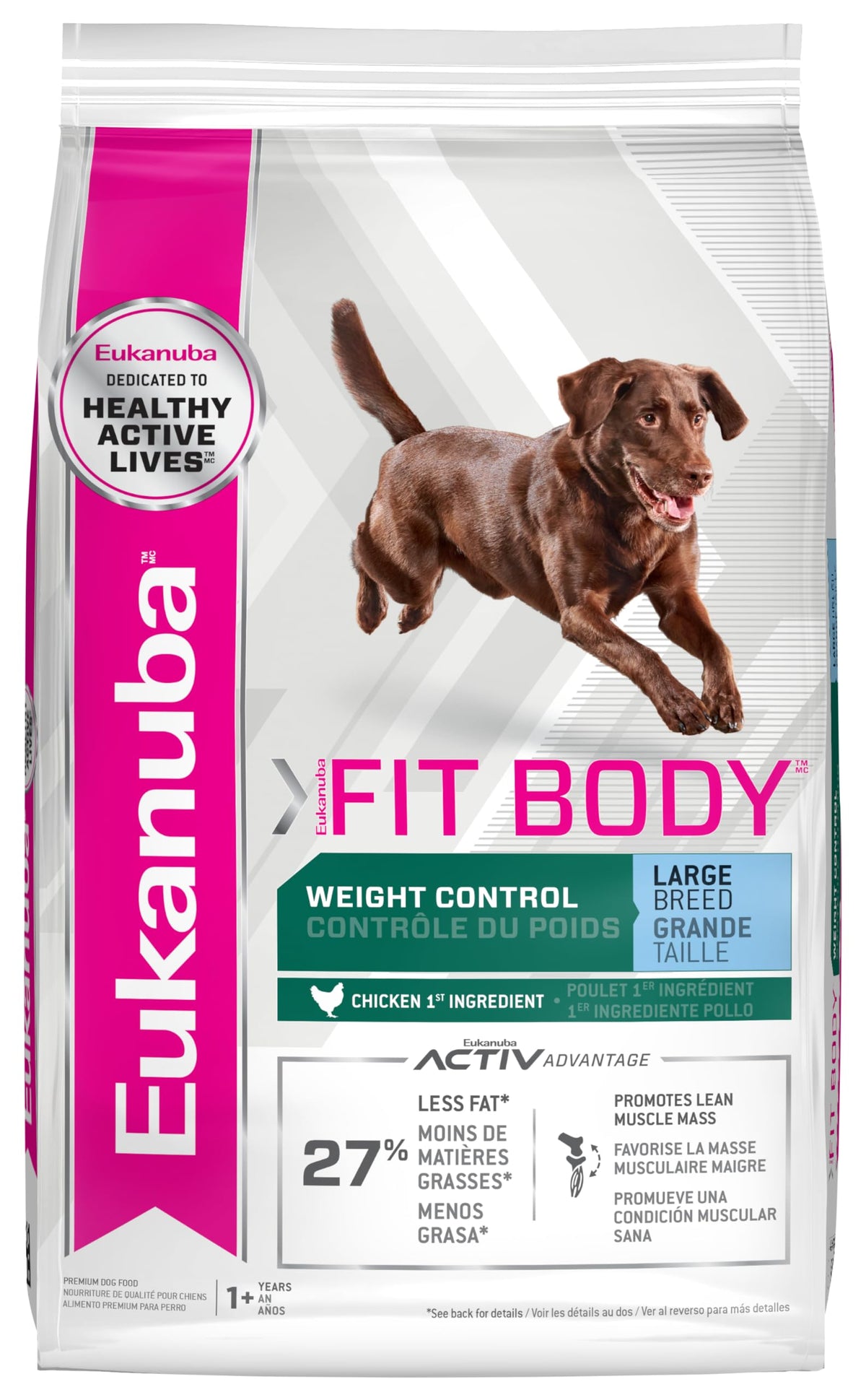 Eukanuba Fit Body Weight Control large-breed dry dog food bag promotes weight management.