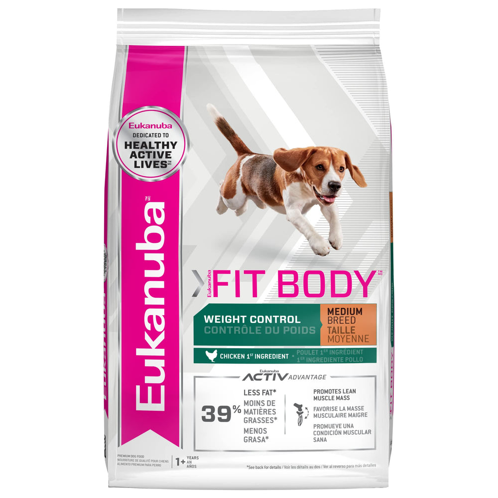 Eukanuba Fit Body Weight Control packaging shows a 15 lb bag for weight management