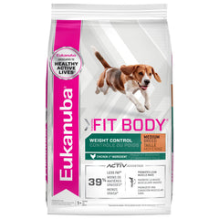 Eukanuba Fit Body Weight Control packaging shows a 15 lb bag for weight management