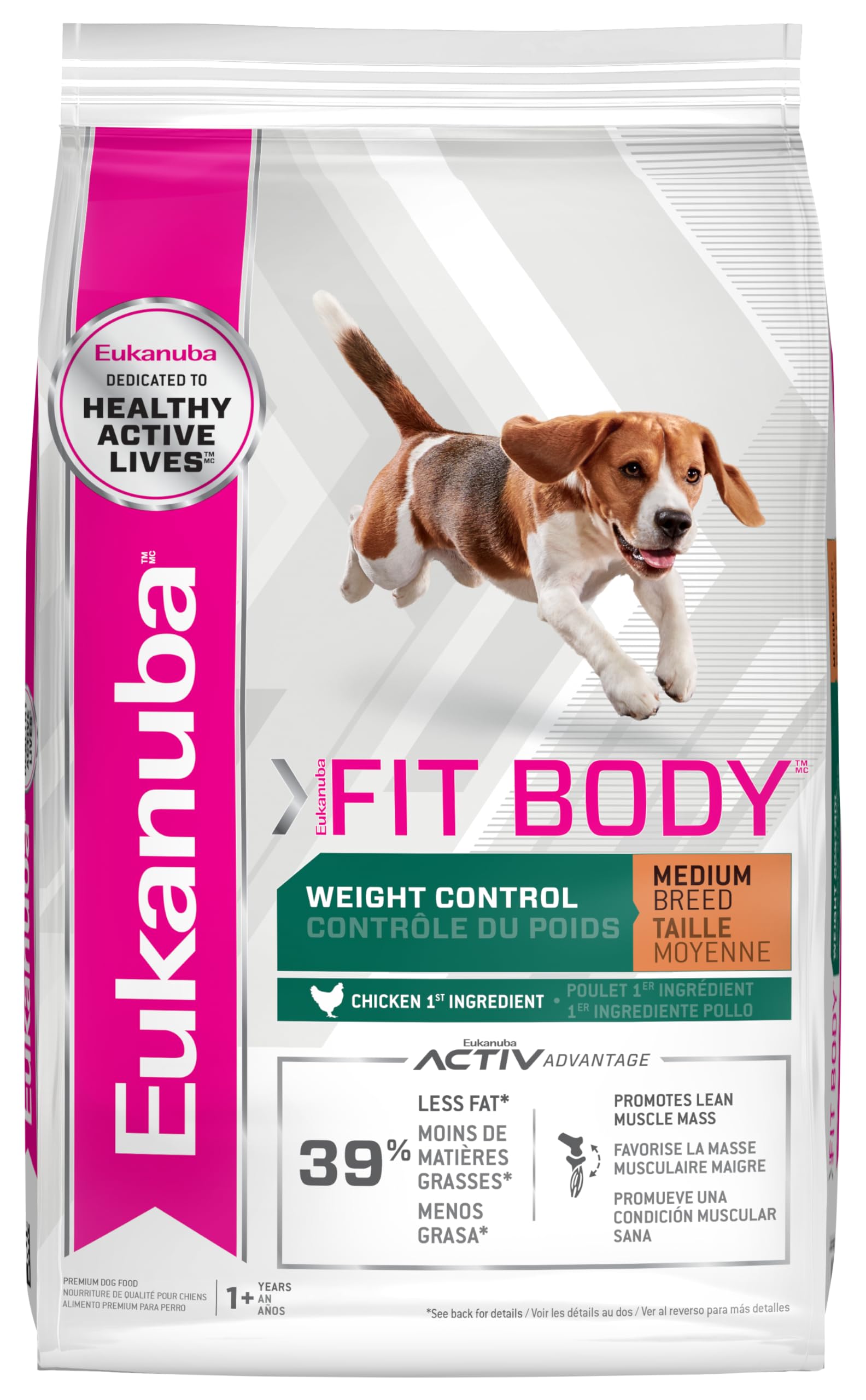 Eukanuba Fit Body Weight Control medium dog bag label highlights balanced nutrition for weight management.