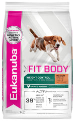 Eukanuba Fit Body Weight Control medium dog bag label highlights balanced nutrition for weight management.
