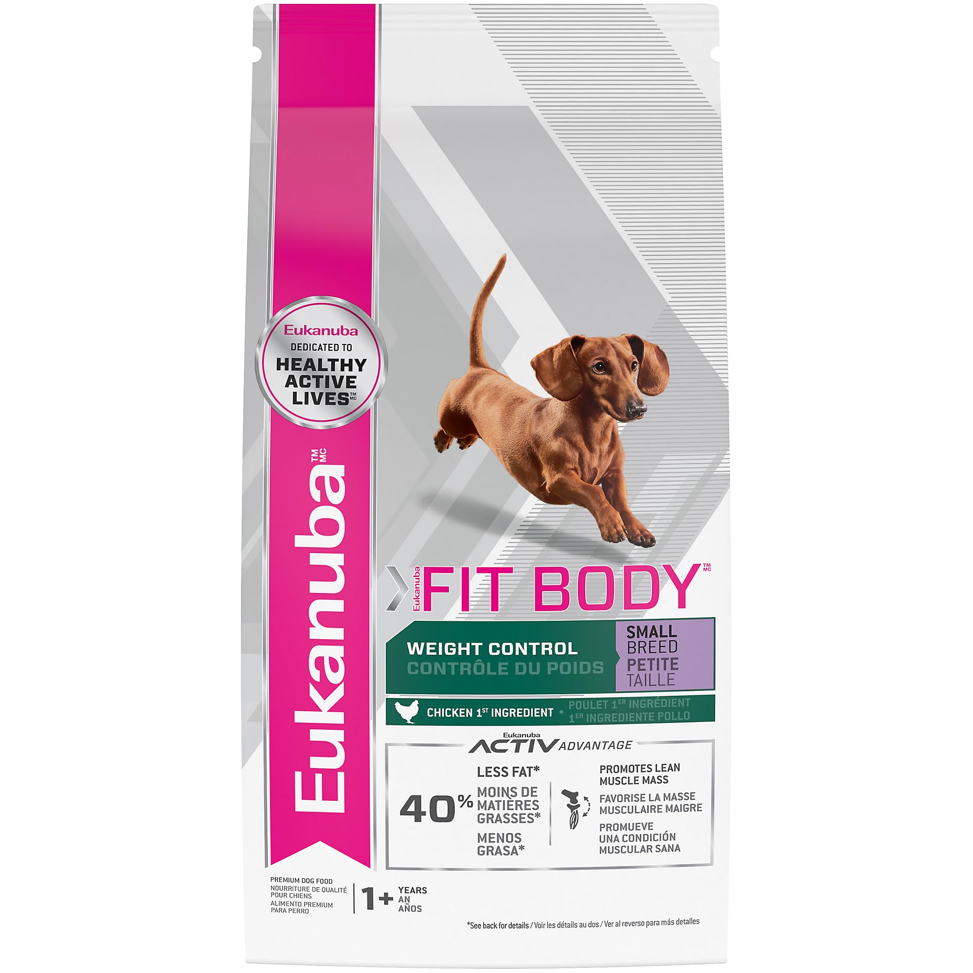 Eukanuba Fit Body Weight Control Small Breed dry dog food bag highlighting weight management for small dogs.
