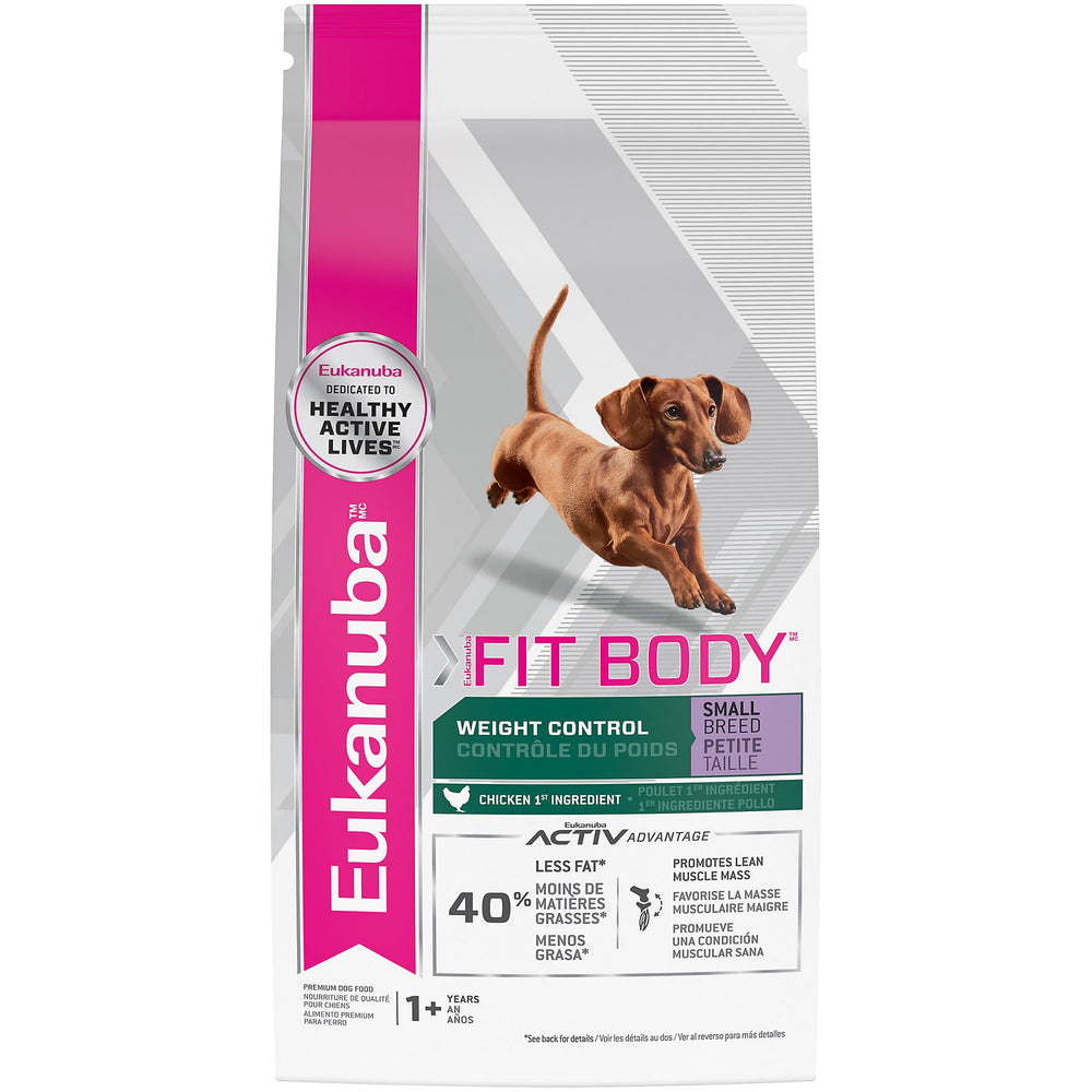 Eukanuba Fit Body Weight Control Small Breed dry dog food bag highlighting weight management for small dogs.