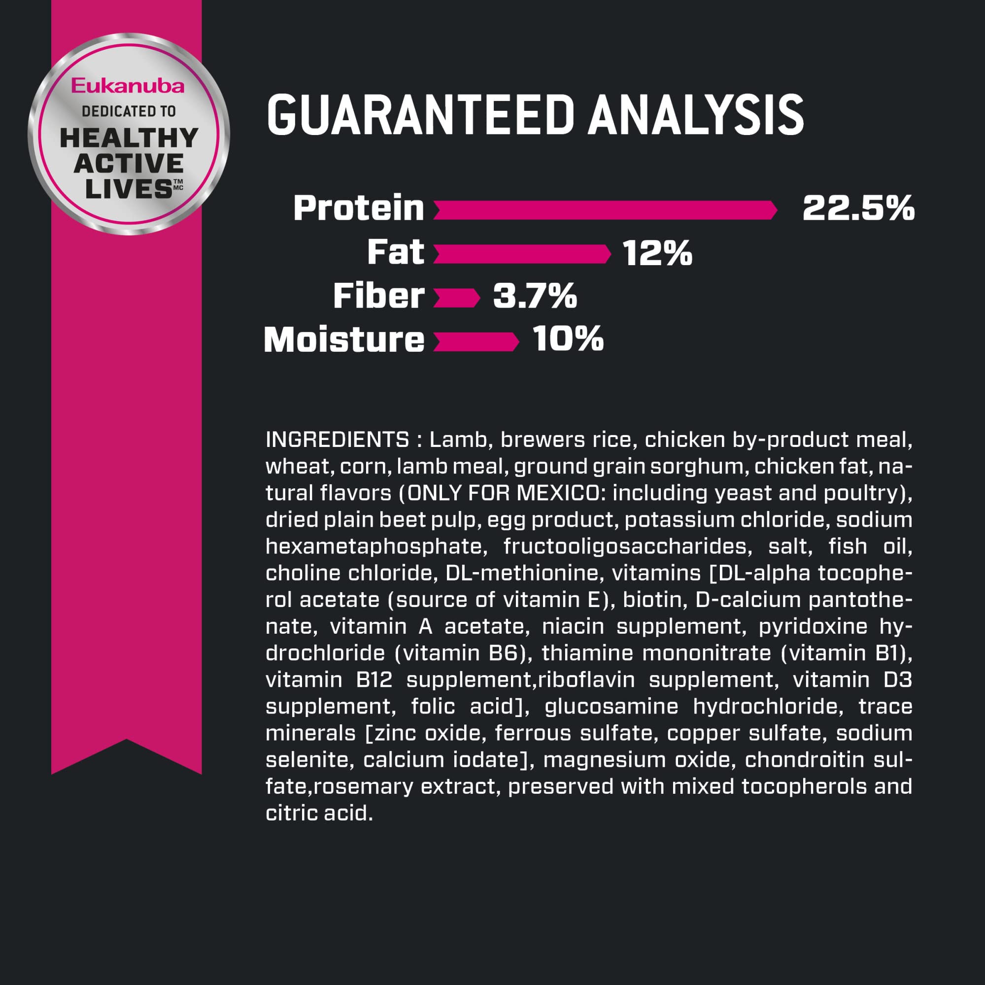 Eukanuba Lamb-first-ingredient formula delivers premium protein for active dogs.