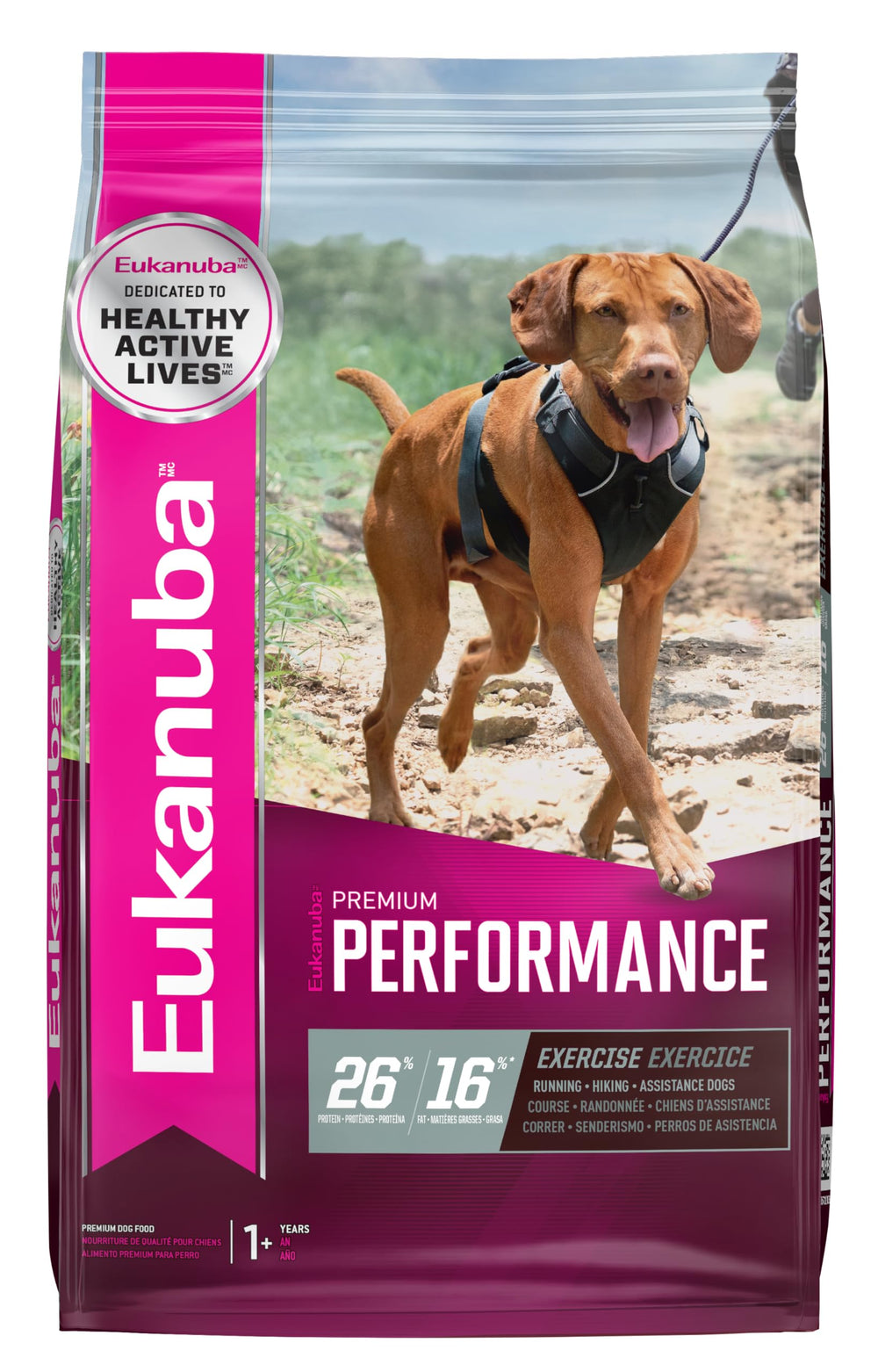 Eukanuba Premium Performance 26/16 Exercise bag front showing athletic dog fuel for active days