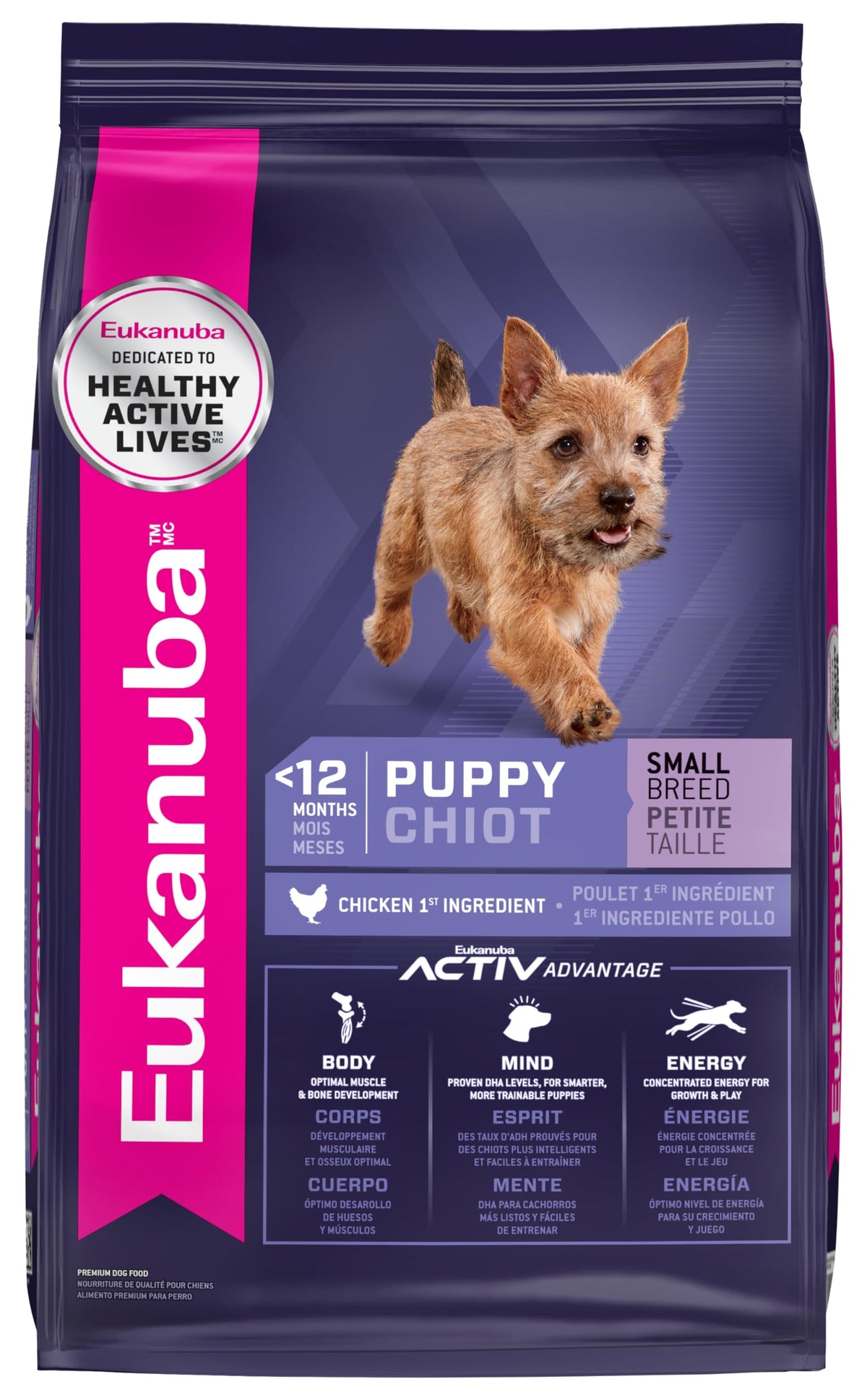 Eukanuba Puppy Small Breed bag front shows complete nutrition for growth and energy