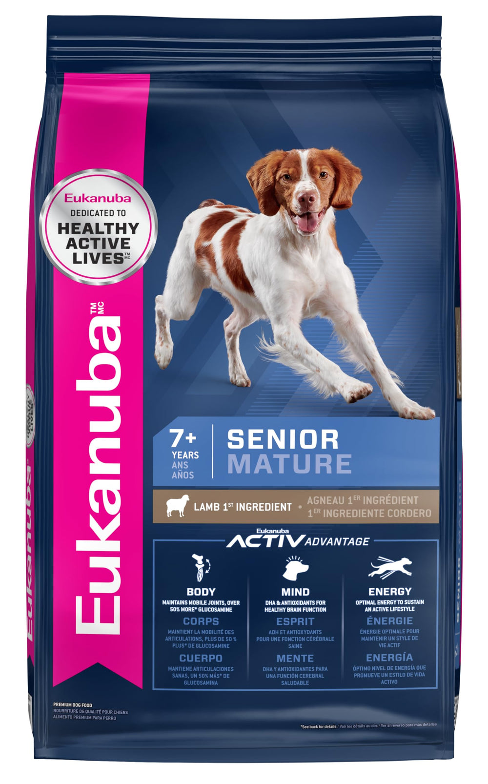 Eukanuba Senior Lamb 1st Ingredient dry dog food bag supports lean muscles in senior dogs.