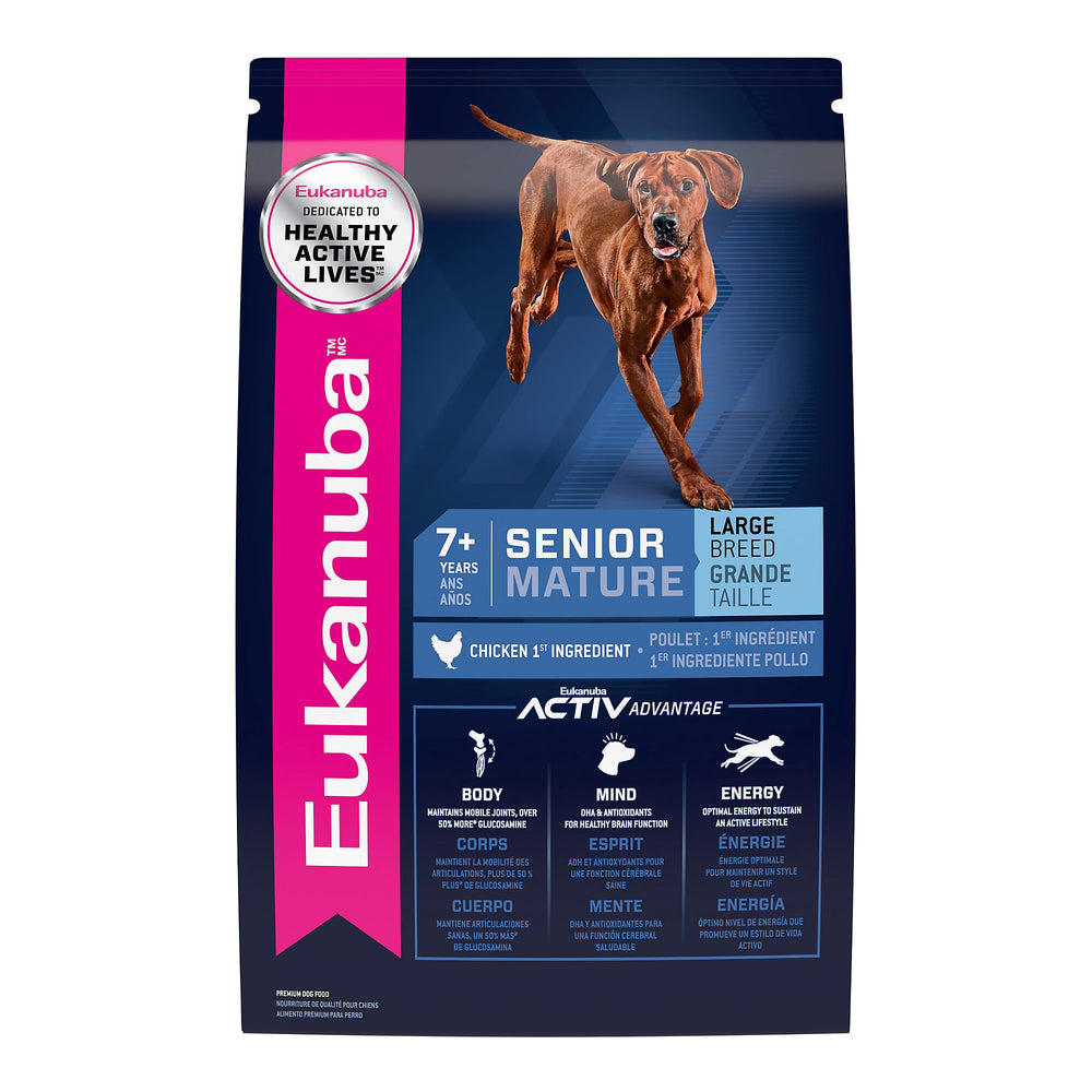 Eukanuba Senior Large Breed dry dog food bag front highlights premium chicken as first ingredient
