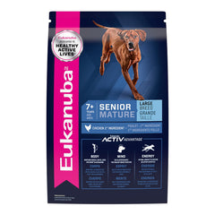 Eukanuba Senior Large Breed dry dog food bag front highlights premium chicken as first ingredient