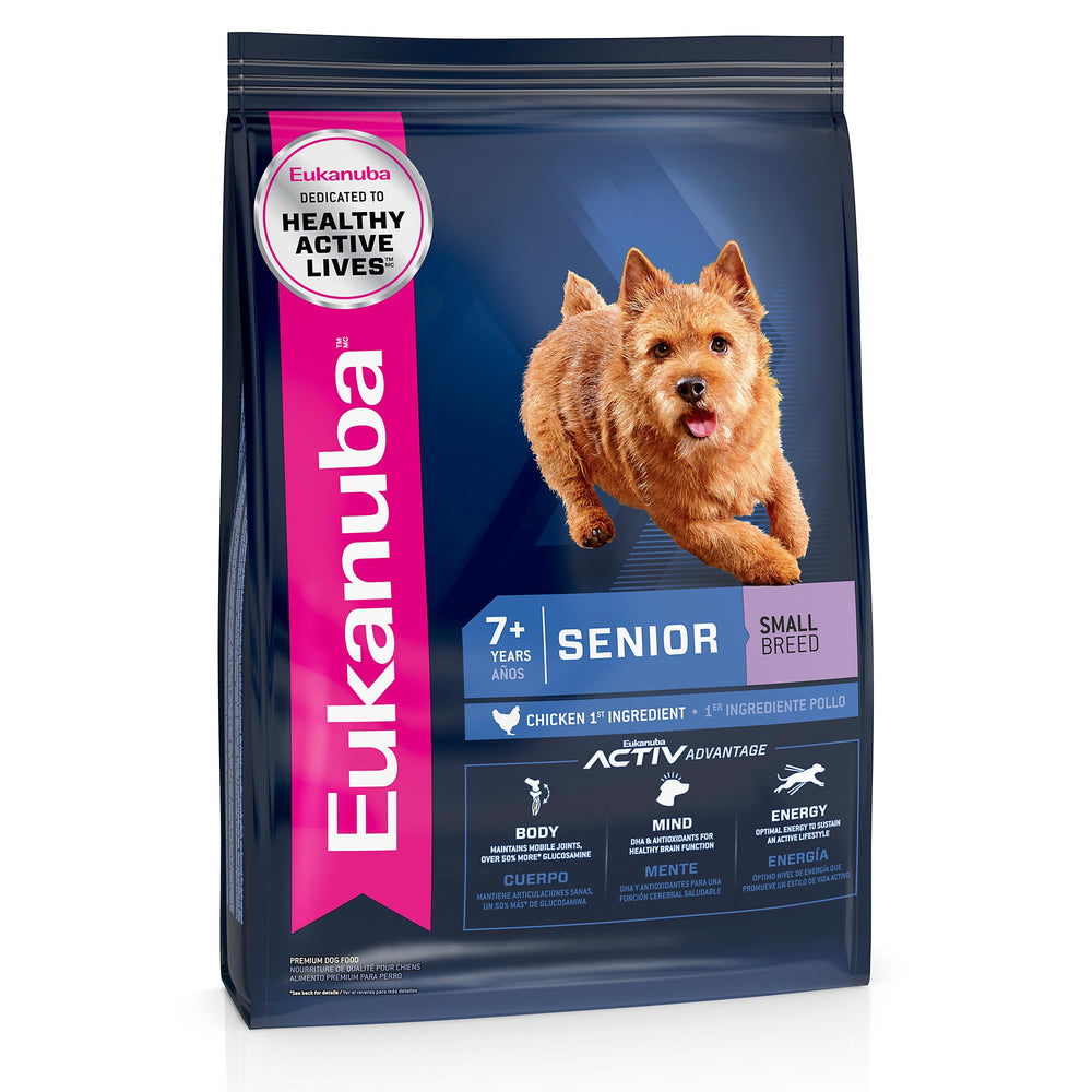 Eukanuba Senior Small Breed dry dog food bag 4-5 lb for easy, fresh daily meals.
