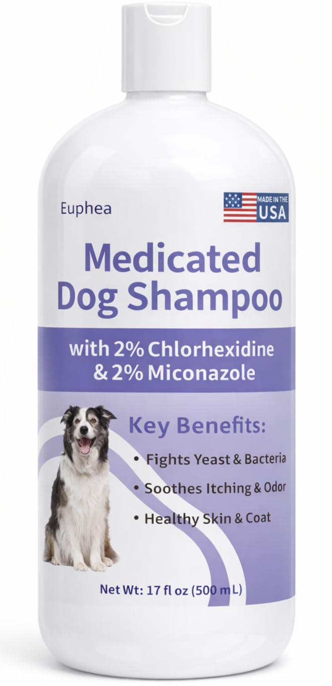 Euphea medicated dog shampoo bottle pour demonstrating gentle cleansing for itchy skin.
