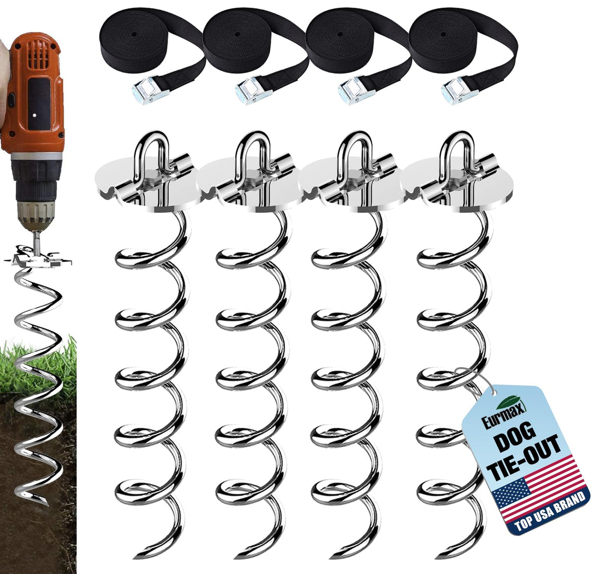 Eurmax USA 4-Pc spiral stakes close-up in rugged cold-rolled steel for outdoor use