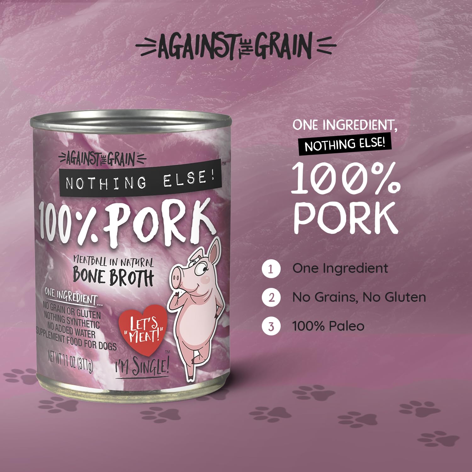 Evanger's Against The Grain pork loaf can close-up—single-ingredient nutrition for sensitive diets.