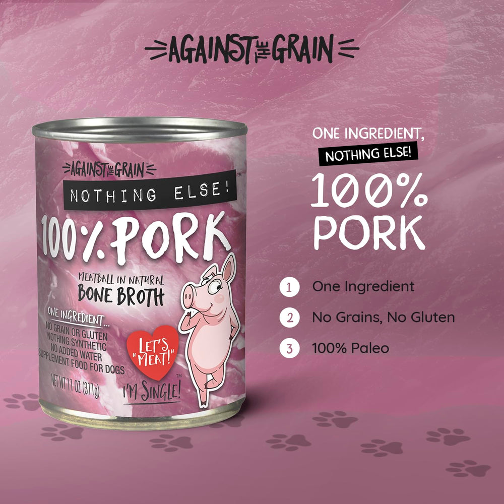 Evanger's Against The Grain pork loaf can close-up—single-ingredient nutrition for sensitive diets.